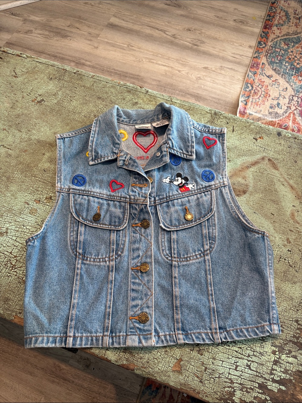 Vintage Disney Store Mickey Mouse Embroidered Denim Vest Small Peace Love